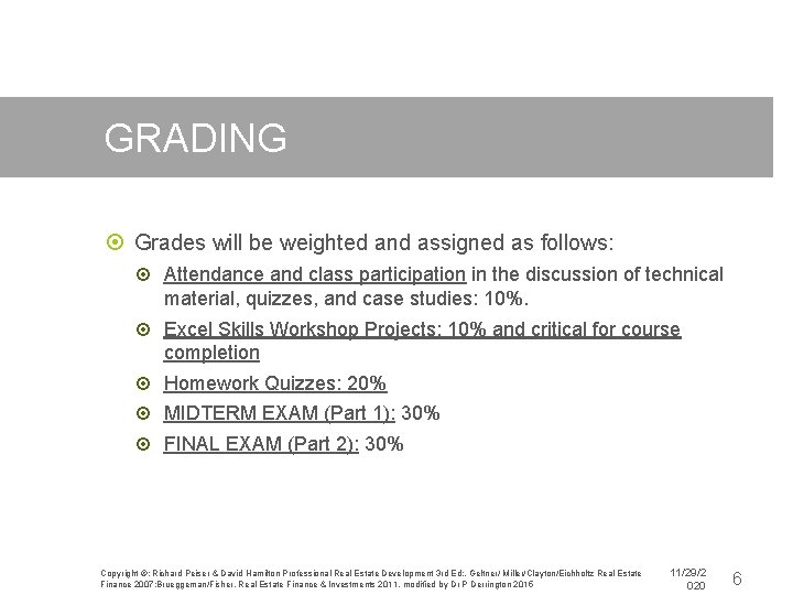 GRADING Grades will be weighted and assigned as follows: Attendance and class participation in