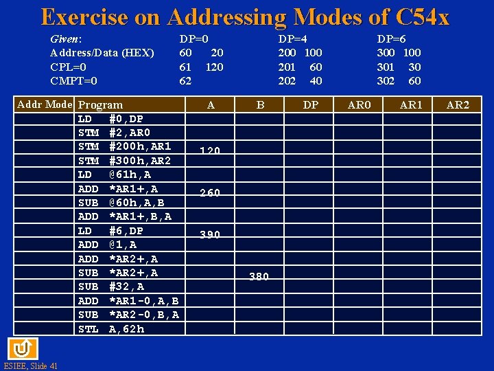 Exercise on Addressing Modes of C 54 x Given: Address/Data (HEX) CPL=0 CMPT=0 Addr
