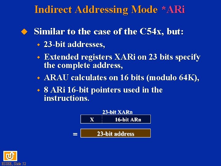 Indirect Addressing Mode *ARi Similar to the case of the C 54 x, but: