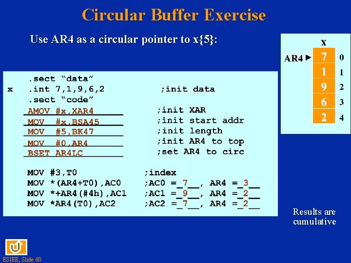 Circular Buffer Exercise Use AR 4 as a circular pointer to x{5}: Results are