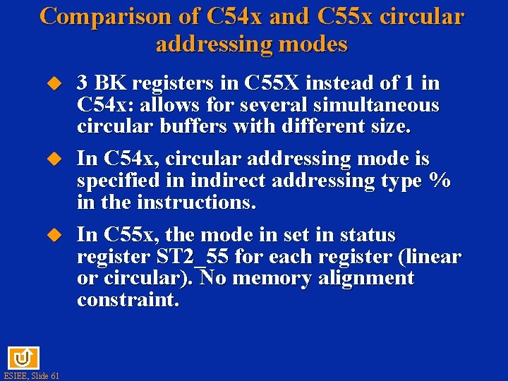 Comparison of C 54 x and C 55 x circular addressing modes ESIEE, Slide