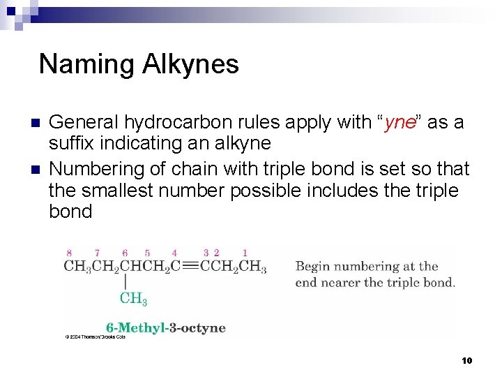 Naming Alkynes n n General hydrocarbon rules apply with “yne” as a suffix indicating Naming Alkynes n n General hydrocarbon rules apply with “yne” as a suffix indicating