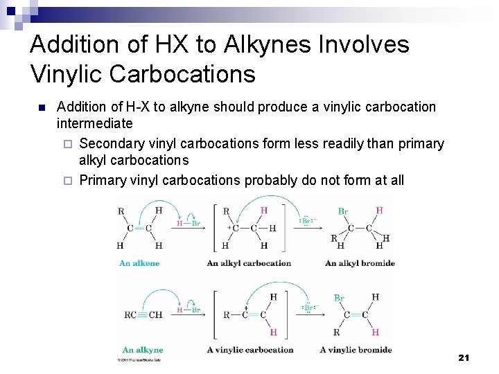 Addition of HX to Alkynes Involves Vinylic Carbocations n Addition of H-X to alkyne Addition of HX to Alkynes Involves Vinylic Carbocations n Addition of H-X to alkyne