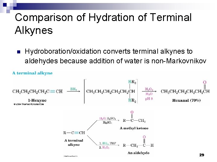 Comparison of Hydration of Terminal Alkynes n Hydroboration/oxidation converts terminal alkynes to aldehydes because Comparison of Hydration of Terminal Alkynes n Hydroboration/oxidation converts terminal alkynes to aldehydes because