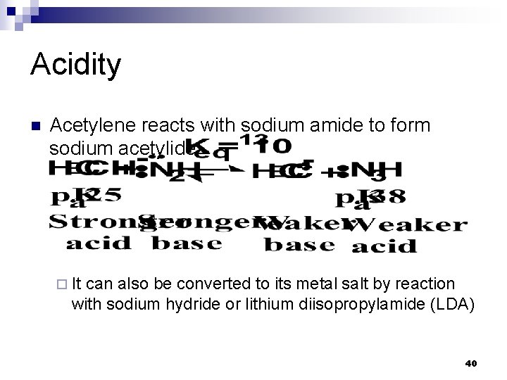 Acidity n Acetylene reacts with sodium amide to form sodium acetylide ¨ It can Acidity n Acetylene reacts with sodium amide to form sodium acetylide ¨ It can