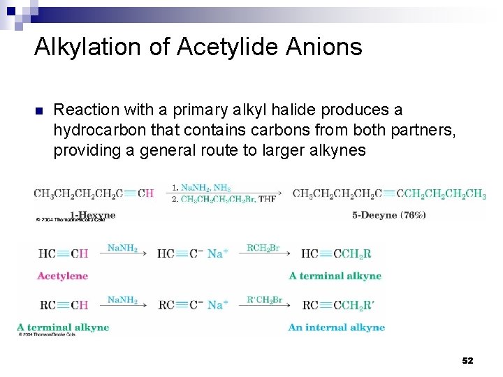 Alkylation of Acetylide Anions n Reaction with a primary alkyl halide produces a hydrocarbon Alkylation of Acetylide Anions n Reaction with a primary alkyl halide produces a hydrocarbon