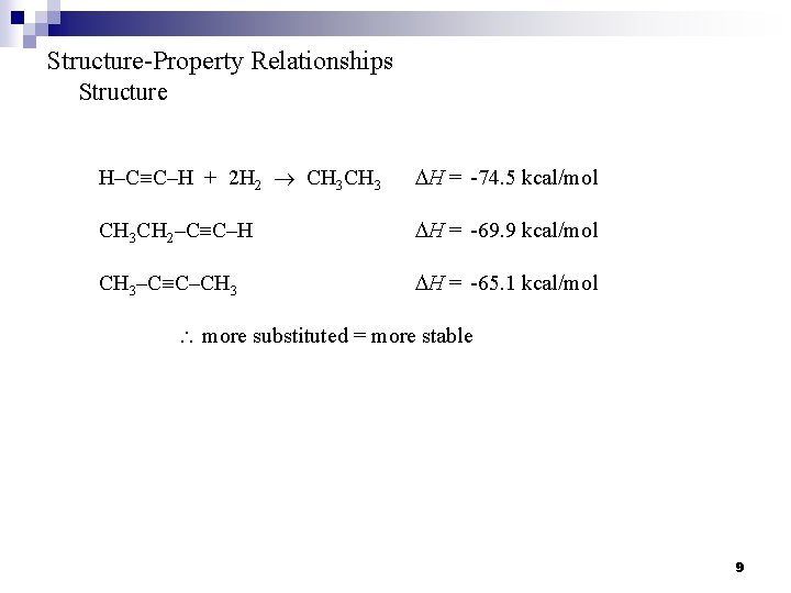 Structure-Property Relationships Structure H–C C–H + 2 H 2 CH 3 DH = -74. Structure-Property Relationships Structure H–C C–H + 2 H 2 CH 3 DH = -74.