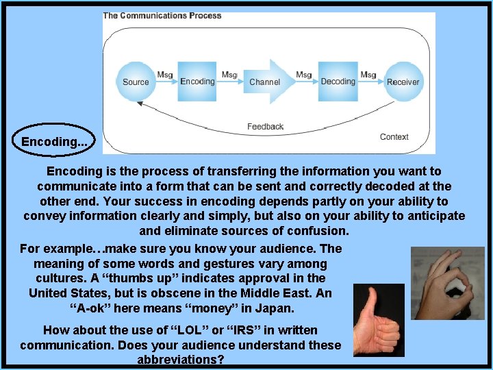 Encoding. . . Encoding is the process of transferring the information you want to