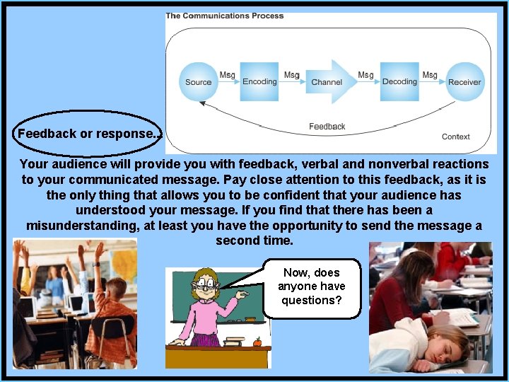 Feedback or response. . . Your audience will provide you with feedback, verbal and