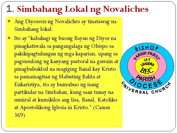 1. Simbahang Lokal ng Novaliches Ang Diyosesis ng Novaliches ay tinatawag na Simbahang lokal.