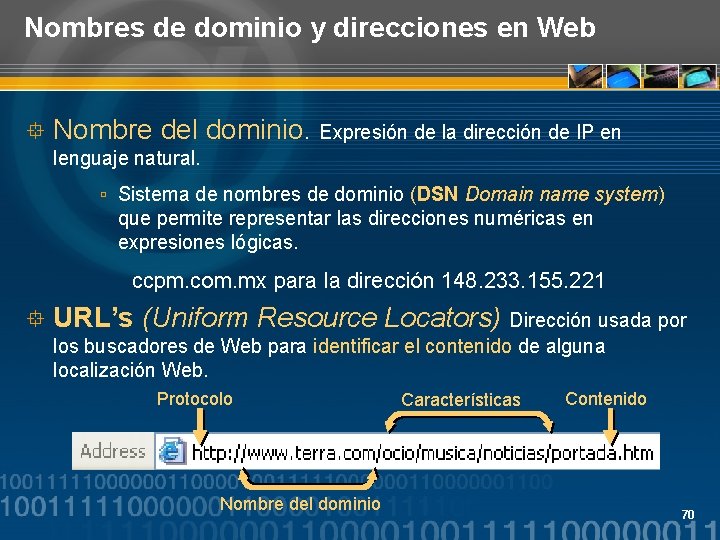 Nombres de dominio y direcciones en Web ° Nombre del dominio. Expresión de la