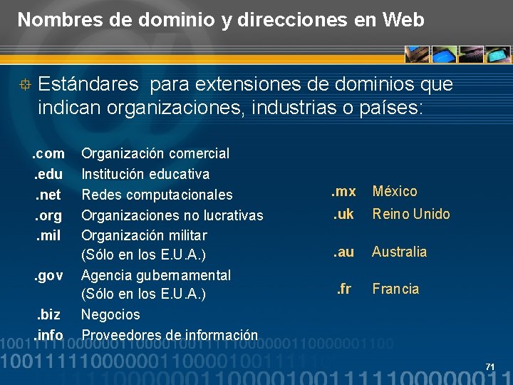 Nombres de dominio y direcciones en Web ° Estándares para extensiones de dominios que