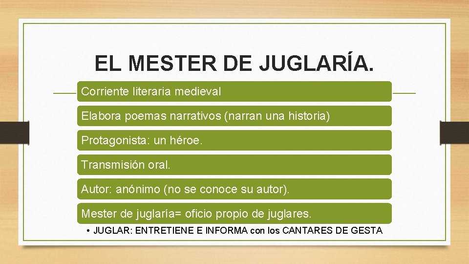 EL MESTER DE JUGLARÍA. Corriente literaria medieval Elabora poemas narrativos (narran una historia) Protagonista: