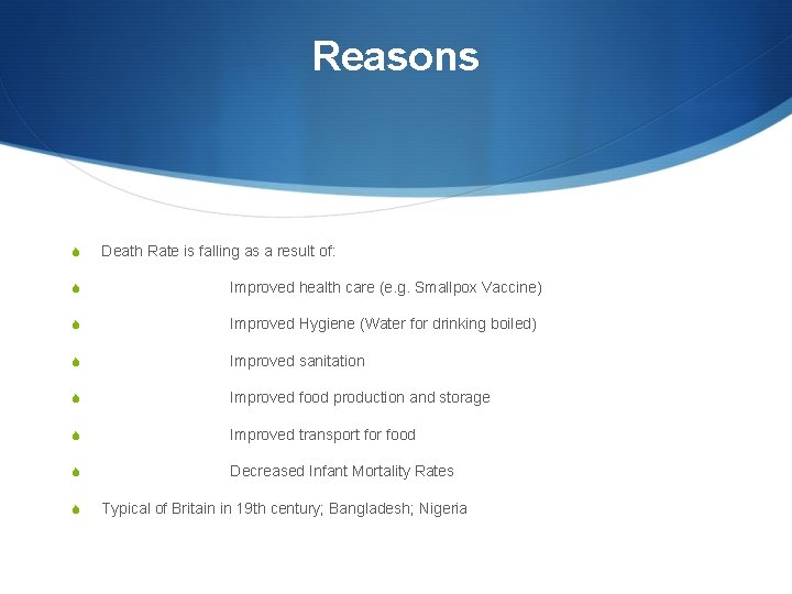 Reasons S Death Rate is falling as a result of: S Improved health care