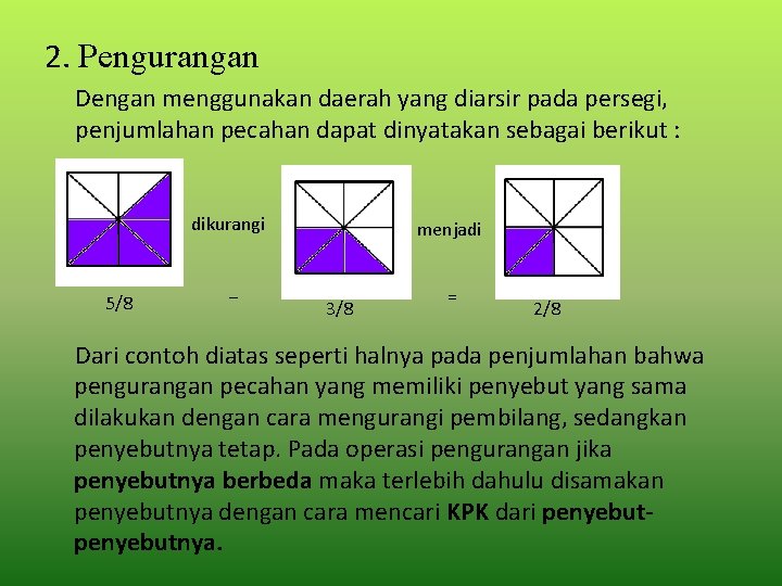 2. Pengurangan Dengan menggunakan daerah yang diarsir pada persegi, penjumlahan pecahan dapat dinyatakan sebagai