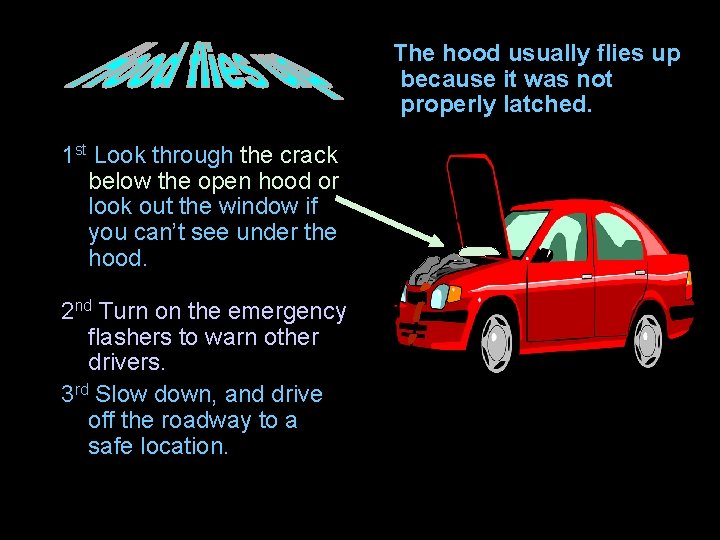 The hood usually flies up because it was not properly latched. 1 st Look