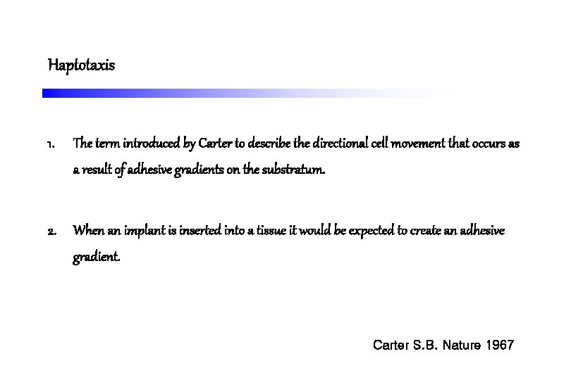 Haptotaxis 1. The term introduced by Carter to describe the directional cell movement that