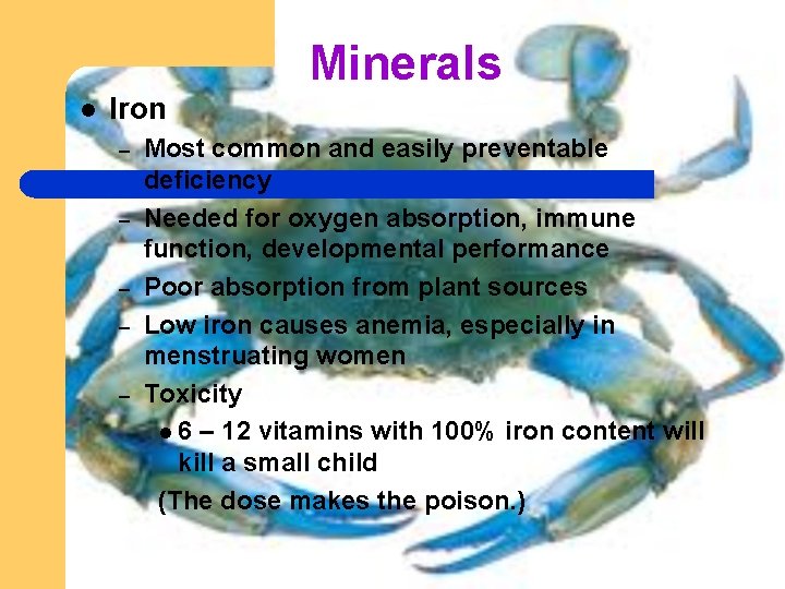 Minerals l Iron – – – Most common and easily preventable deficiency Needed for