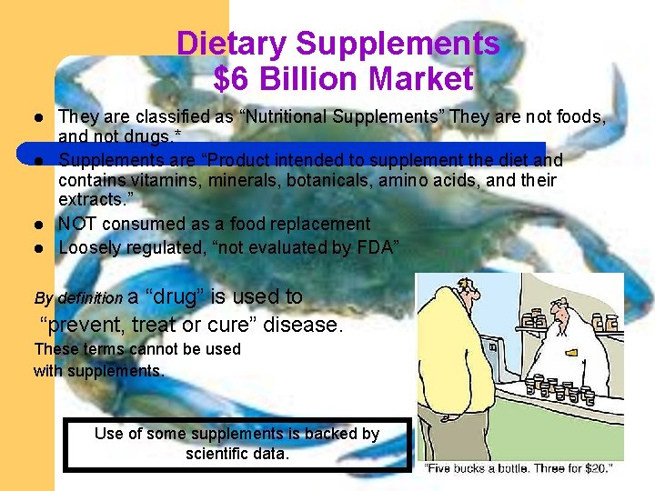 Dietary Supplements $6 Billion Market l l They are classified as “Nutritional Supplements” They