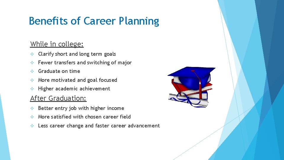 Benefits of Career Planning While in college: v Clarify short and long term goals