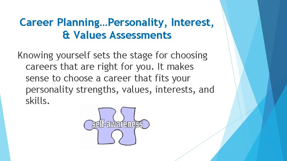 Career Planning…Personality, Interest, & Values Assessments Knowing yourself sets the stage for choosing careers