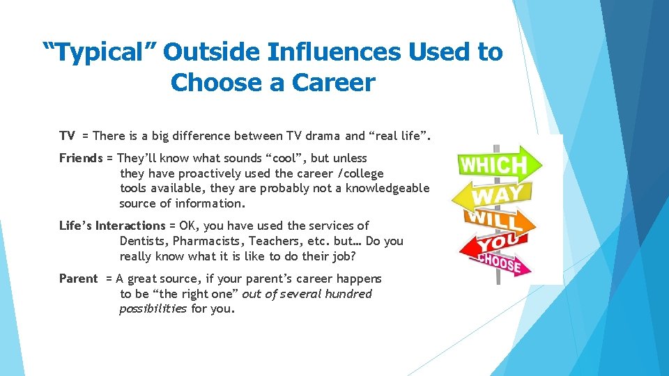 “Typical” Outside Influences Used to Choose a Career TV = There is a big