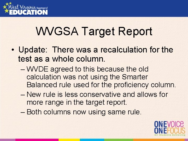 WVGSA Target Report • Update: There was a recalculation for the test as a