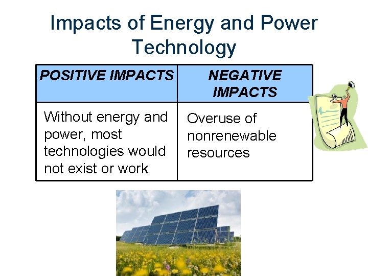 Impacts of Energy and Power Technology POSITIVE IMPACTS Without energy and power, most technologies