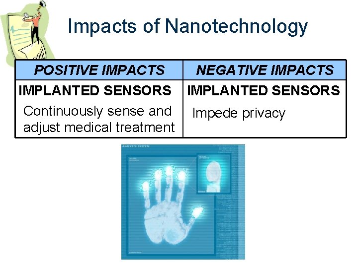 Impacts of Nanotechnology POSITIVE IMPACTS NEGATIVE IMPACTS IMPLANTED SENSORS Continuously sense and Impede privacy