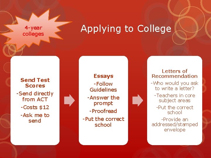 4 -year colleges Send Test Scores -Send directly from ACT -Costs $12 -Ask me