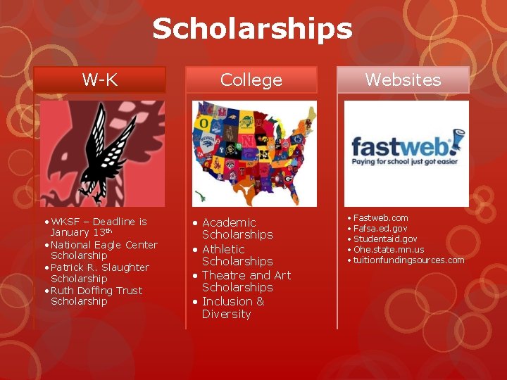 Scholarships W-K • WKSF – Deadline is January 13 th • National Eagle Center