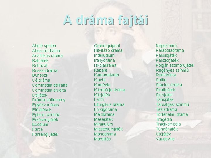 A dráma fajtái. . Abele spelen Abszurd dráma Analitikus dráma Bábjáték Bohózat Bosszúdráma Burleszk A dráma fajtái. . Abele spelen Abszurd dráma Analitikus dráma Bábjáték Bohózat Bosszúdráma Burleszk