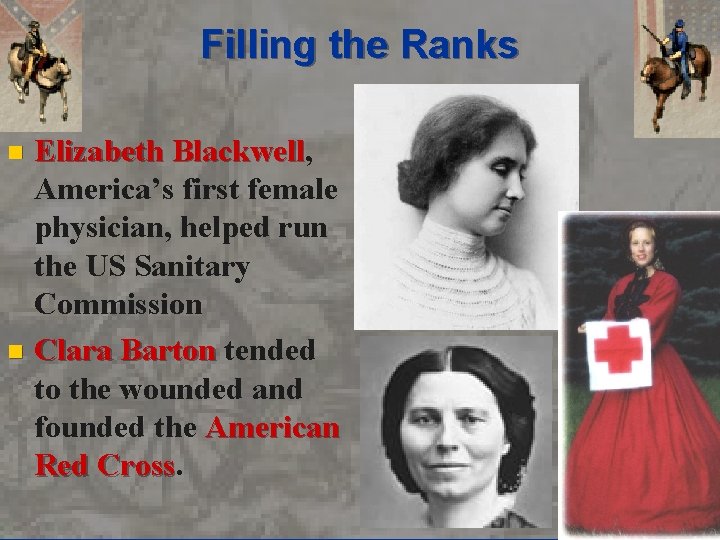 Filling the Ranks Elizabeth Blackwell, Blackwell America’s first female physician, helped run the US