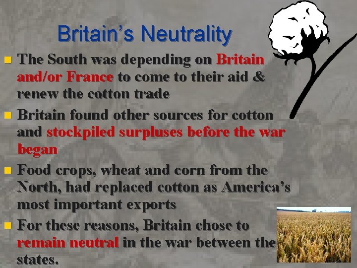 Britain’s Neutrality The South was depending on Britain and/or France to come to their