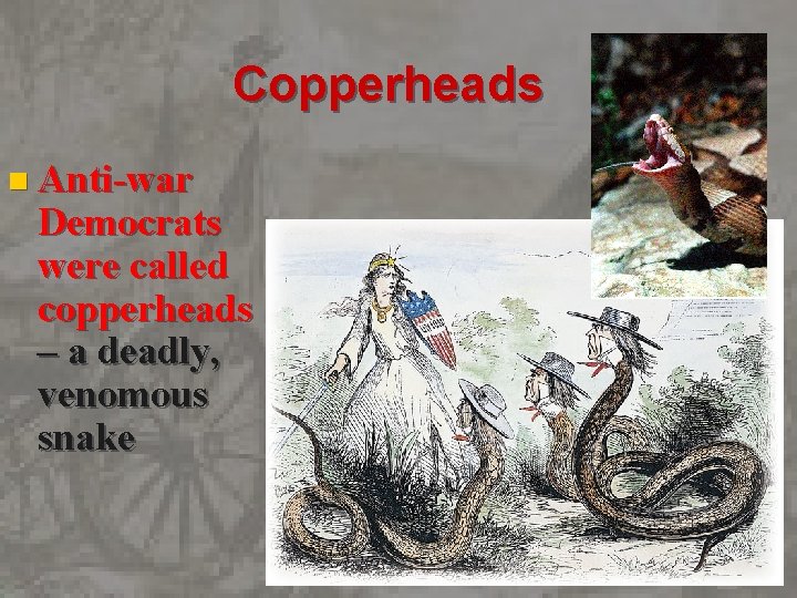 Copperheads n Anti-war Democrats were called copperheads – a deadly, venomous snake 