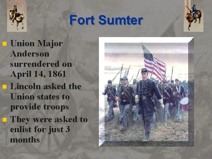 Fort Sumter n n n Union Major Anderson surrendered on April 14, 1861 Lincoln
