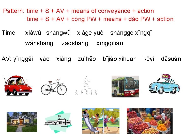 Pattern: time + S + AV + means of conveyance + action time +