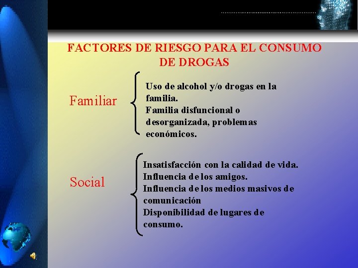 FACTORES DE RIESGO PARA EL CONSUMO DE DROGAS Familiar Social Uso de alcohol y/o FACTORES DE RIESGO PARA EL CONSUMO DE DROGAS Familiar Social Uso de alcohol y/o
