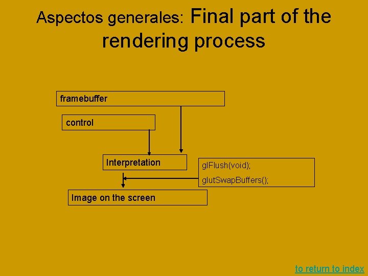 Final part of the rendering process Aspectos generales: framebuffer control Interpretation gl. Flush(void); glut. Final part of the rendering process Aspectos generales: framebuffer control Interpretation gl. Flush(void); glut.