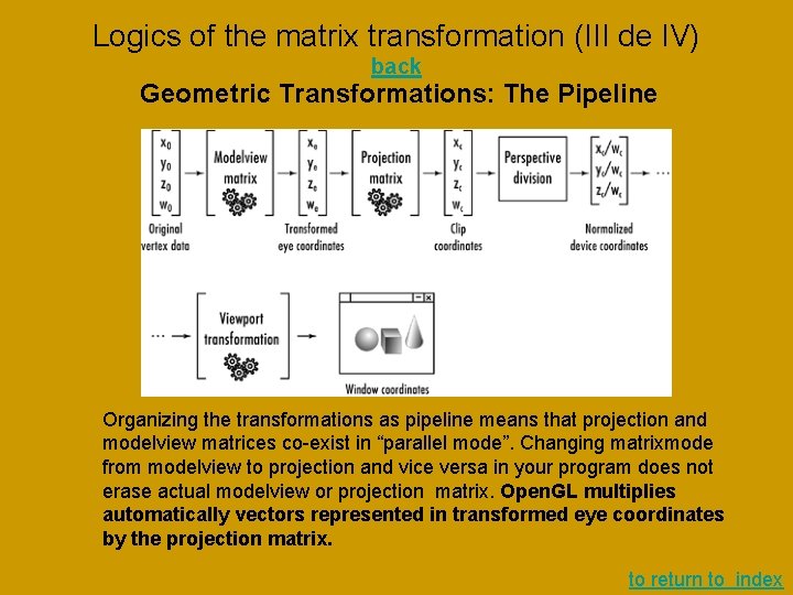 Logics of the matrix transformation (III de IV) back Geometric Transformations: The Pipeline Organizing Logics of the matrix transformation (III de IV) back Geometric Transformations: The Pipeline Organizing