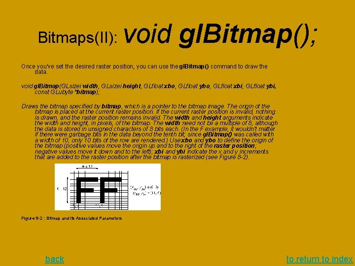 Bitmaps(II): void gl. Bitmap(); Once you've set the desired raster position, you can use Bitmaps(II): void gl. Bitmap(); Once you've set the desired raster position, you can use