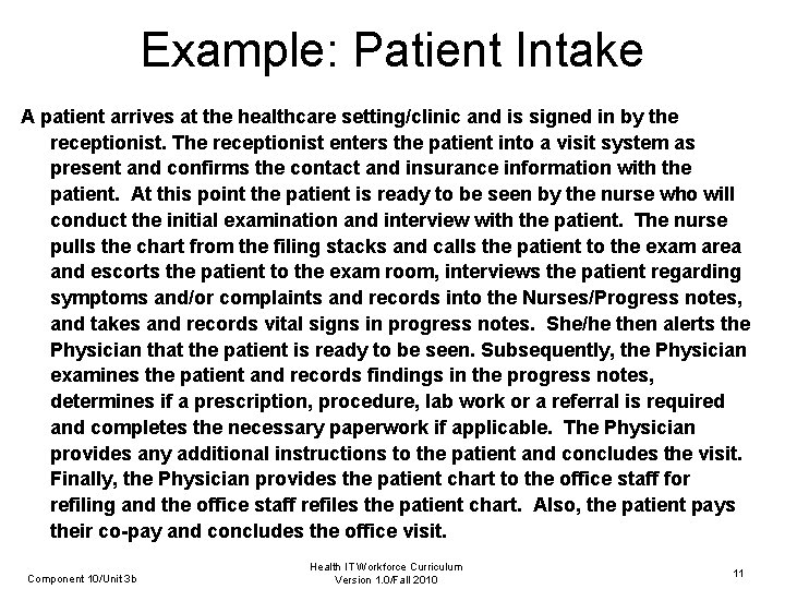 Example: Patient Intake A patient arrives at the healthcare setting/clinic and is signed in