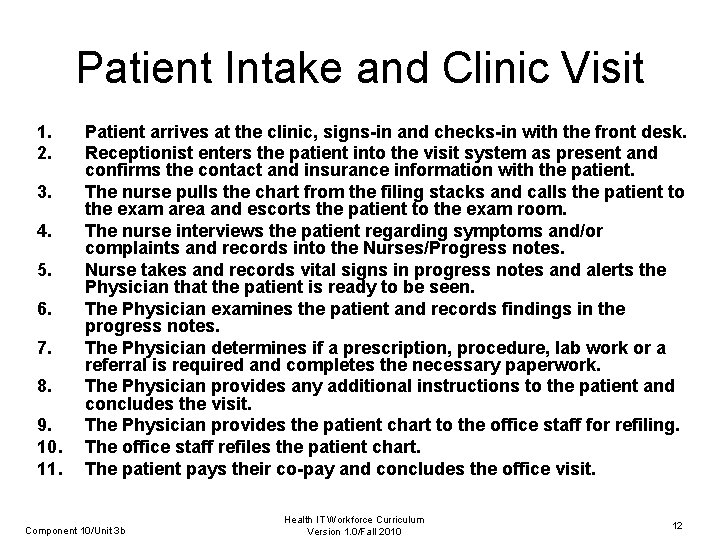 Patient Intake and Clinic Visit 1. 2. 3. 4. 5. 6. 7. 8. 9.