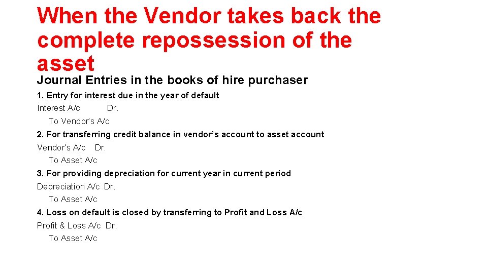When the Vendor takes back the complete repossession of the asset Journal Entries in