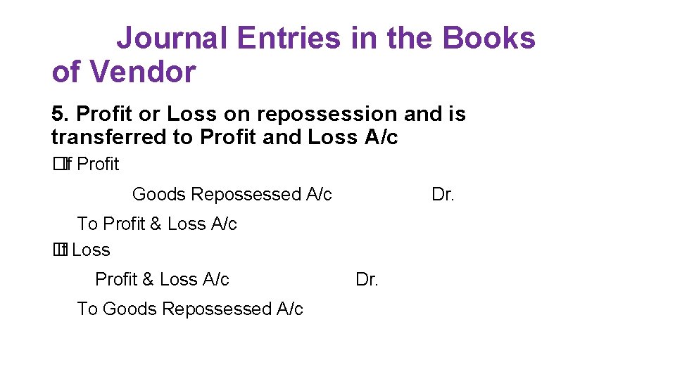 Journal Entries in the Books of Vendor 5. Profit or Loss on repossession and