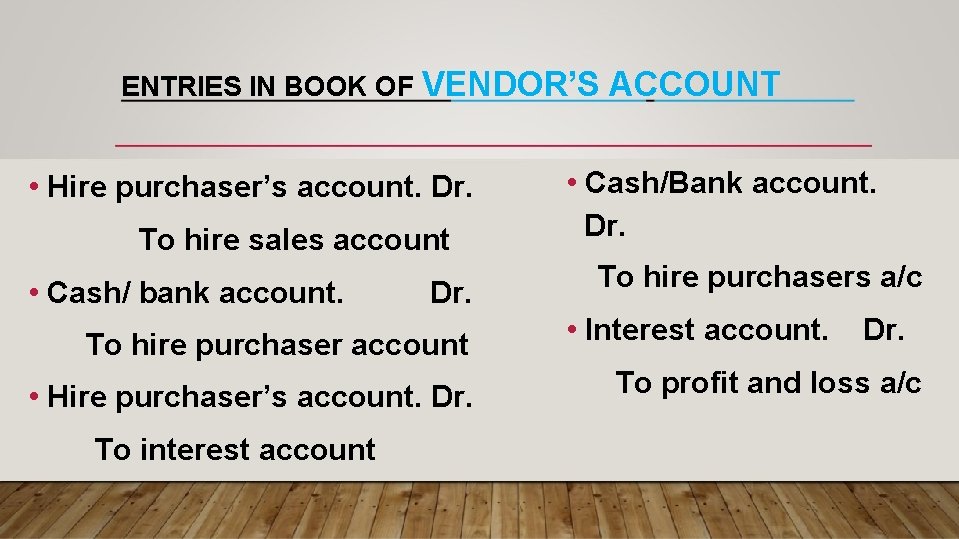 ENTRIES IN BOOK OF VENDOR’S • Hire purchaser’s account. Dr. To hire sales account