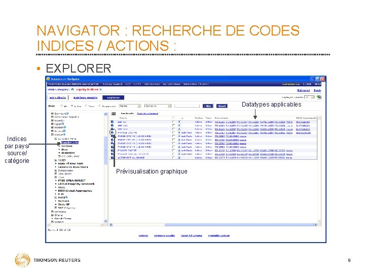 NAVIGATOR : RECHERCHE DE CODES INDICES / ACTIONS : • EXPLORER Datatypes applicables Indices