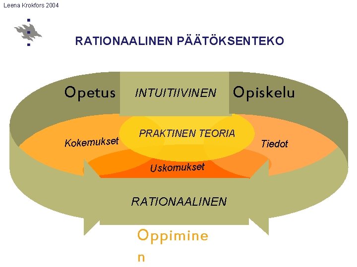 Leena Krokfors 2004 RATIONAALINEN PÄÄTÖKSENTEKO Opetus Kokemukset INTUITIIVINEN Opiskelu PRAKTINEN TEORIA Uskomukset RATIONAALINEN Oppimine