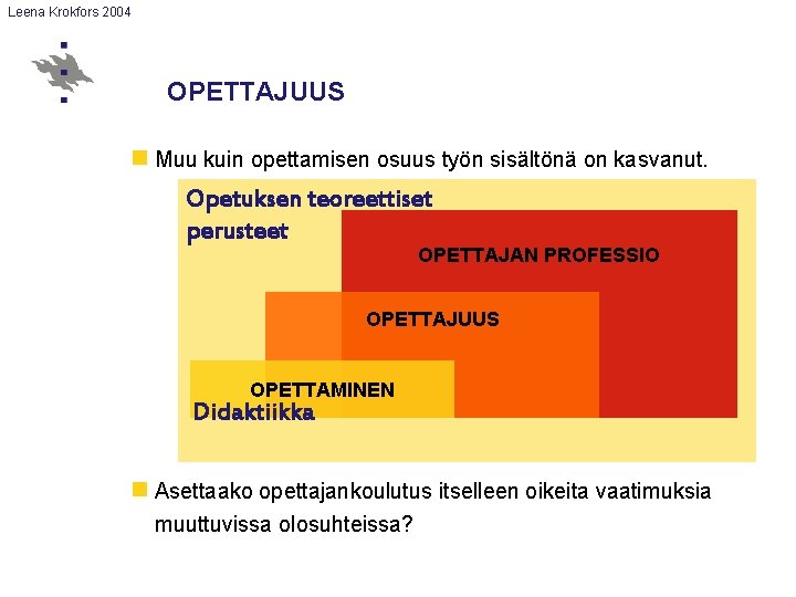 Leena Krokfors 2004 OPETTAJUUS n Muu kuin opettamisen osuus työn sisältönä on kasvanut. Opetuksen