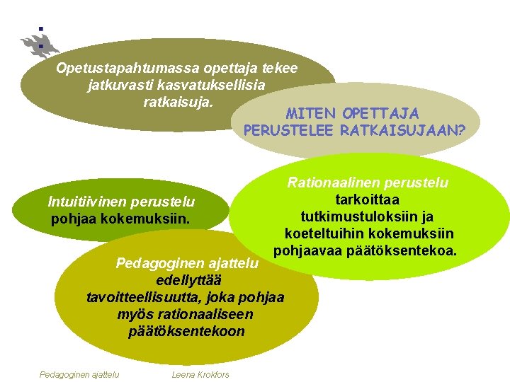 Opetustapahtumassa opettaja tekee jatkuvasti kasvatuksellisia ratkaisuja. MITEN OPETTAJA PERUSTELEE RATKAISUJAAN? Intuitiivinen perustelu pohjaa kokemuksiin.